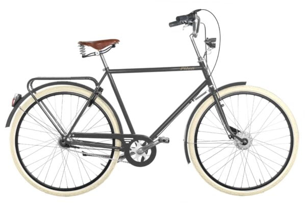 Pilen Lyx herr Grå RAL 7002. Extrautrustad: helfärgad cykel, Plusfärg Grå RAL 7022, sadel Brooks B67 brun äkta läder och Schwalbe creme ballongdäck.