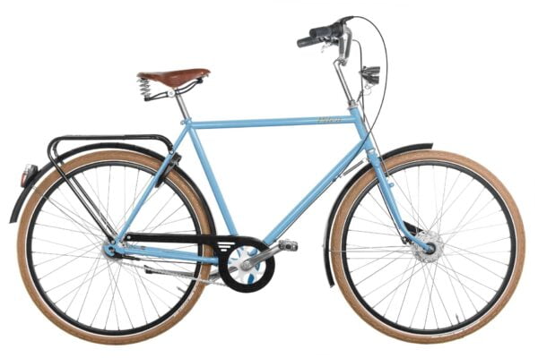 Pilen Lyx herr Ljusblå RAL 5024. Extrautrustad: Plusfärg Ljusblå RAL 5024, sadel Brooks B67 honung äkta läder och Schwalbe bruna ballongdäck.
