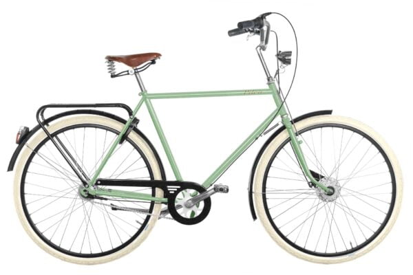Pilen Lyx herr Ljusgrön RAL 6021. Extrautrustad: sadel Brooks B67 honung äkta läder, Plusfärg Ljusgrön RAL 6021 och Schwalbe creme ballongdäck.