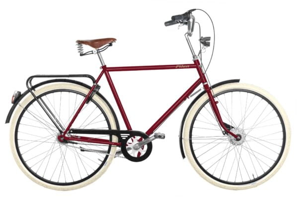 Pilen Lyx herr Röd RAL 3004. Extrautrustad: sadel Brooks B67 honung äkta läder, Plusfärg Röd RAL 3004 och Schwalbe creme ballongdäck.