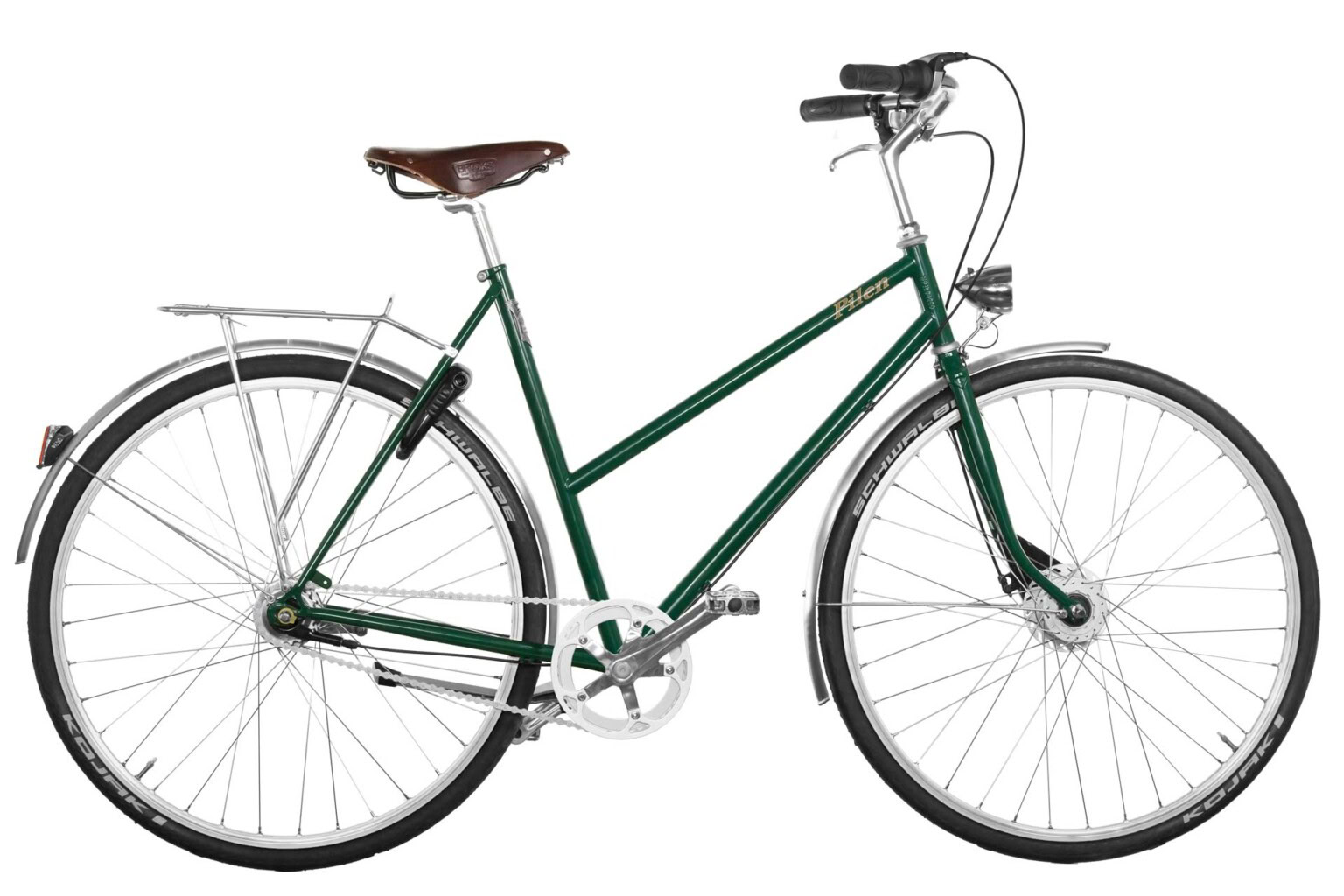 Pilen GT dam Grön RAL 6005. Silverfälgar. Roterande kedjeskydd. Extrautrustad: sadel Brooks B17 brun i äkta läder och däck Schwalbe Kojak.