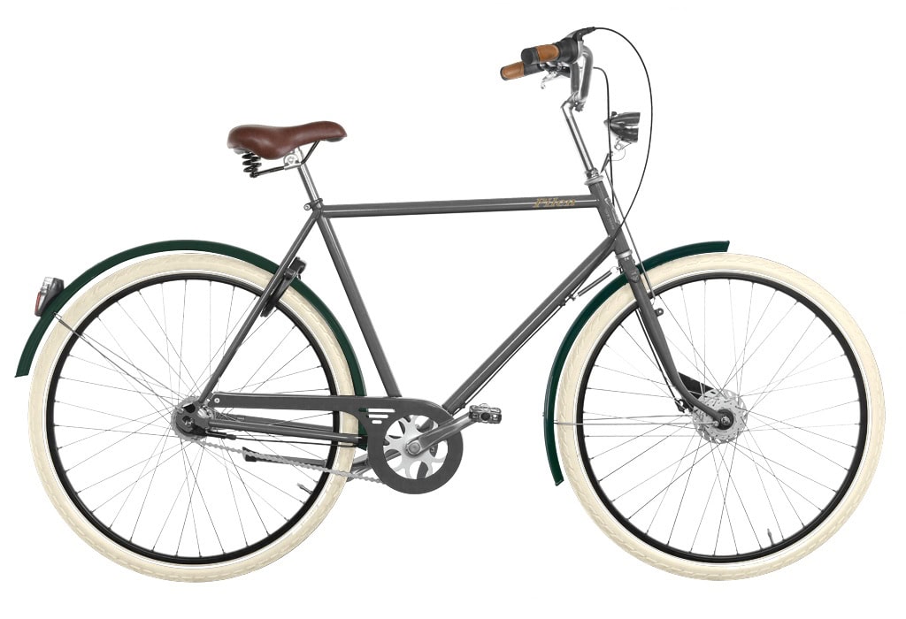 Bilden visar vilka färgade komponenter cykeldesignen Pilen Lyx Garpegubben har. Garpegummans hulda make. Herrcykel. Ram Grå, korg ingen, pakethållare creme, pakethållare ingen, kedjeskydd grå, handtag kork, stänkskärmar gröna, fälgar svarta, sadel future brun, däck creme och klocka pilen.